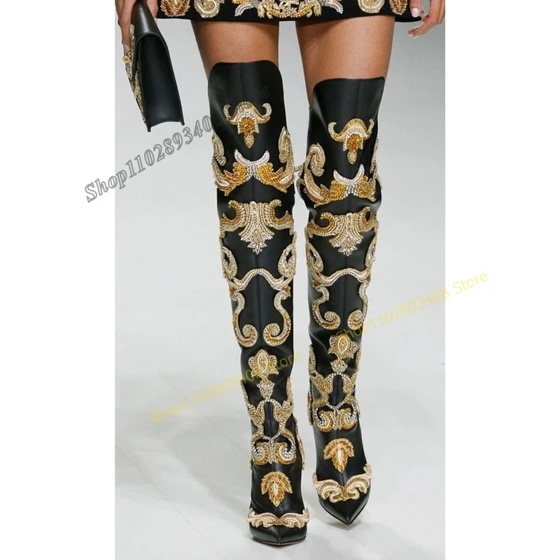 Black Crystal Print Over the Knee Boots Runway Style Pointed Toe Stiletto High Heel Women Shoes 2023 Fashion Zapatos Para Mujere