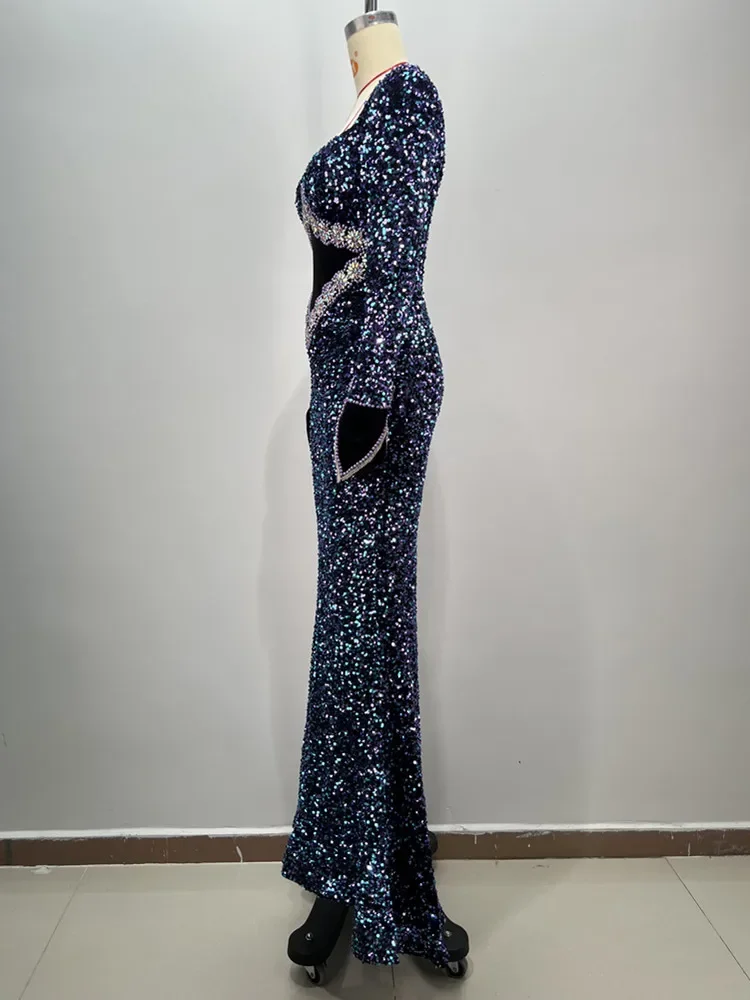 2024 nuove donne celebrità sexy manica lunga diamanti blu paillettes maxi abiti lunghi abito elegante festa da sera club vestido