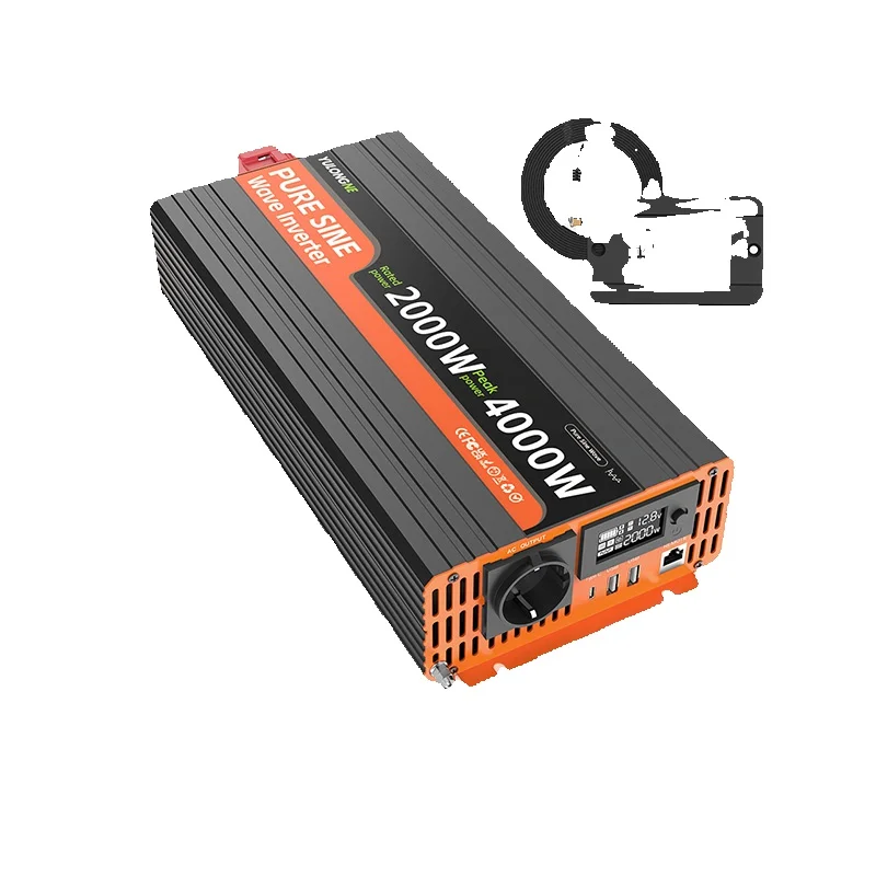 YULONGNE 2000W Reiner Sinus-Wechselrichter, Spitzenleistung 4000W, DC 12V/24V zu AC 230V, EU-Schuko-Steckdose mit USB-C-Anschluss, kabelgebundener LCD-Fernbedienung, Batteriekabel, Sicherungskit für