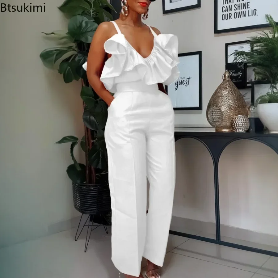 New 2025 Women's 2 Pieces Pants Sets Outfits Blouse V Neck Ruffles Sleeveless & Long Trousers Straight Elegant Ladies Pants Sets