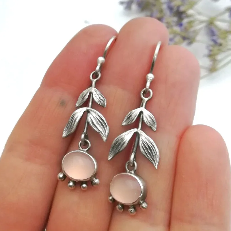 Vintage Extra Long Metal Carved Leaf Earrings Fashion Simple Ladies Inlaid Pink Moonstone Drop Earrings