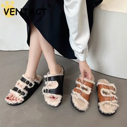 VENTACT 2023 New Cork Slipper With Fur Casual Double Buckle Clogs Shoe Warm Wear Artificial Fleece Outdoor Sandals