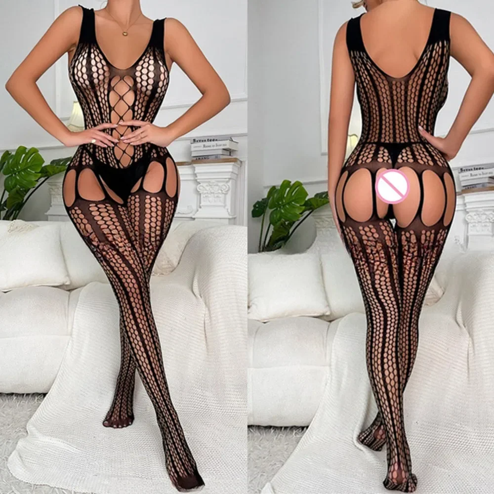 

New Fashion Black Body Underwear Mesh Transparent Full Body Stocking Costumes Exotic Apparelt Erotic Fishnet Tight Lingerie