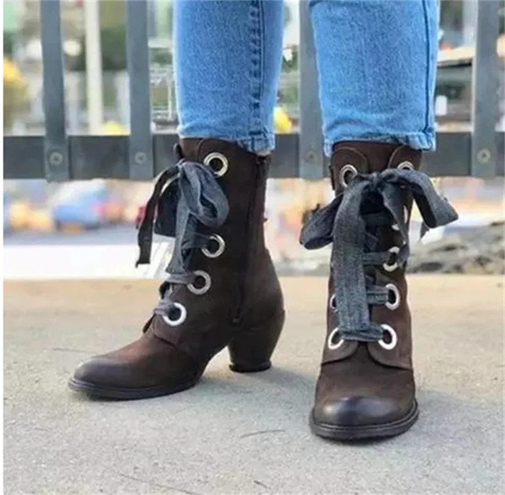 ยุคกลางRetroฮาโลวีนสไตล์อังกฤษLace-Upกลางส้นรองเท้าสตรีPuหนังข้อเท้ารองเท้าKnight Nobleบทบาทเล่นรองเท้าใหม่