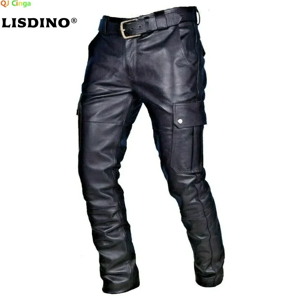 

1Men's Leather Motorcycle Pants with Cargo Pockets, Black, PU Pants No Belt, Men Trousers Big Size S-5XL