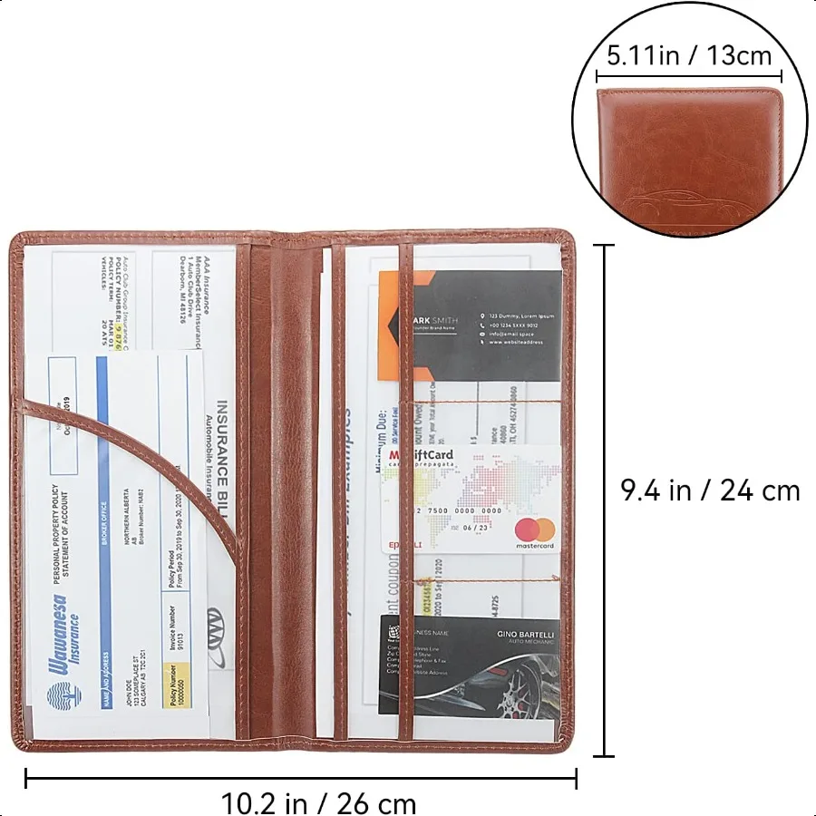 Organizer do schowka samochodowego z wysokiej jakości skóry PU na dokumenty rejestracyjne, ubezpieczeniowe, prawo jazdy, karty i inne niezbędne dokumenty.