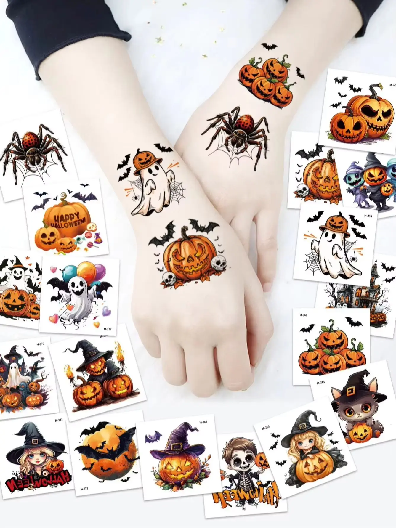Tatuaże tymczasowe na Halloween - 20 arkuszy, wzory z dyniami, szkieletami, nietoperzami, duchami, magikami, dekoracje na przyjęcie Halloweenowe, upominki, prezenty. — 2