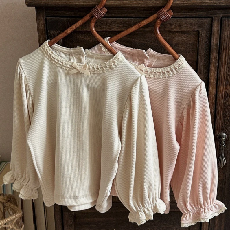 Girls T-shirt 2026 Spring and Autumn New Children's Wear Baby Girls Lace Bow Stand Collar Pit Long Sleeve Underlay Shirt