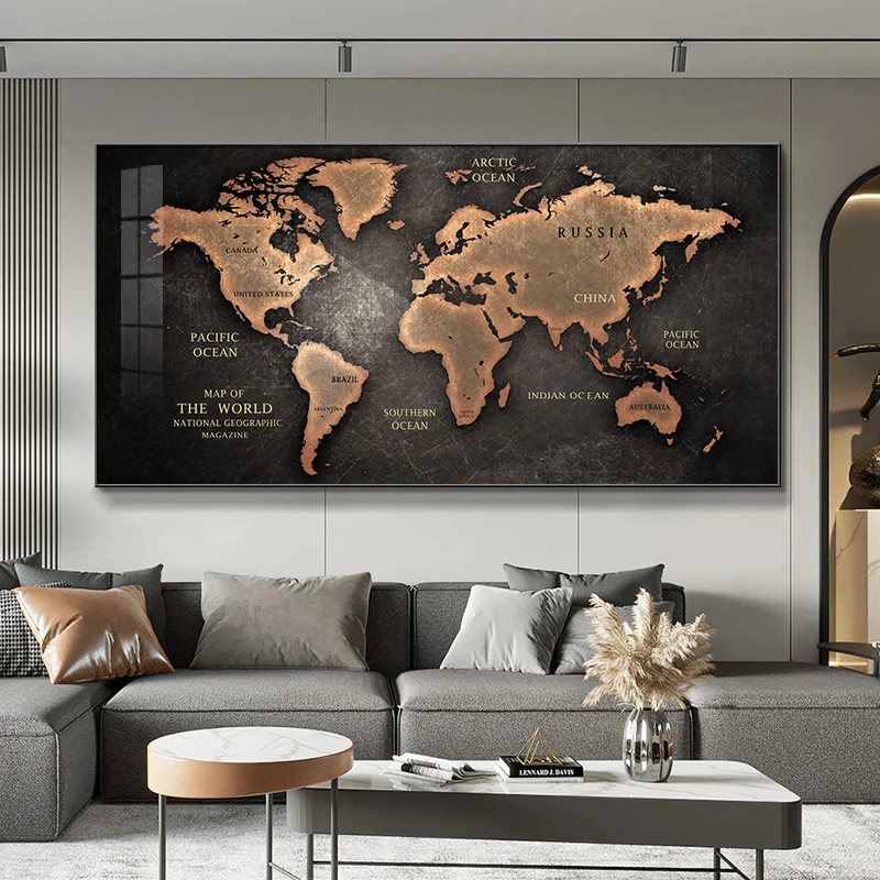 

Retro world map hanging painting, modern simple living room decoration painting, study office mural sense of luxury