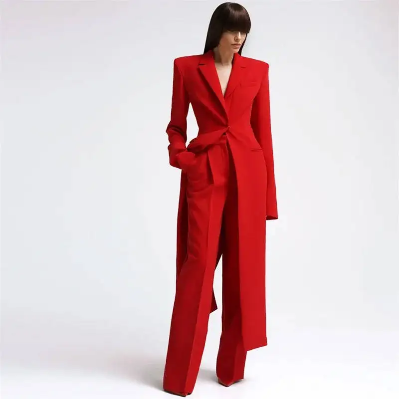 Women Long Overcoat Jacket Sets Ladies Slim Fit V Neck Blazer Pants Suits Coat 2 Pieces Customized Formal Birthday Party Wear