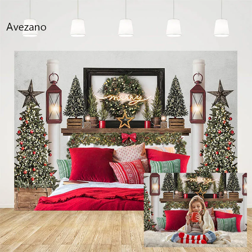 Avezano Christmas Backdrops for Photography Wreath Bedside Bed Family Holiday Party Child Portrait Background Photo Studio Decor