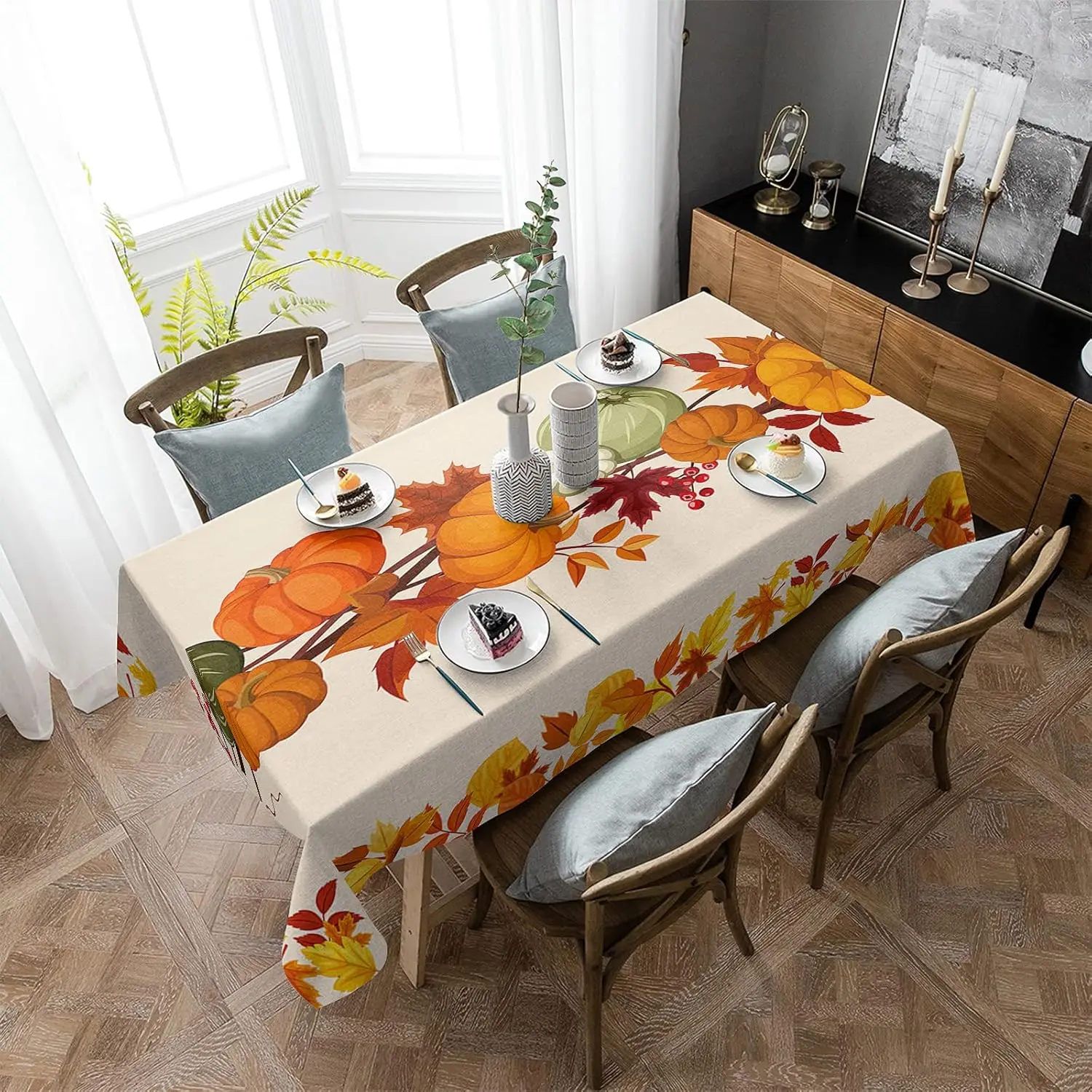 Fall Pumpkins Maple Leaves Rectangle Tablecloths for Table Decor Reusable Kitchen Dining Tablecloth Autumn Decorations