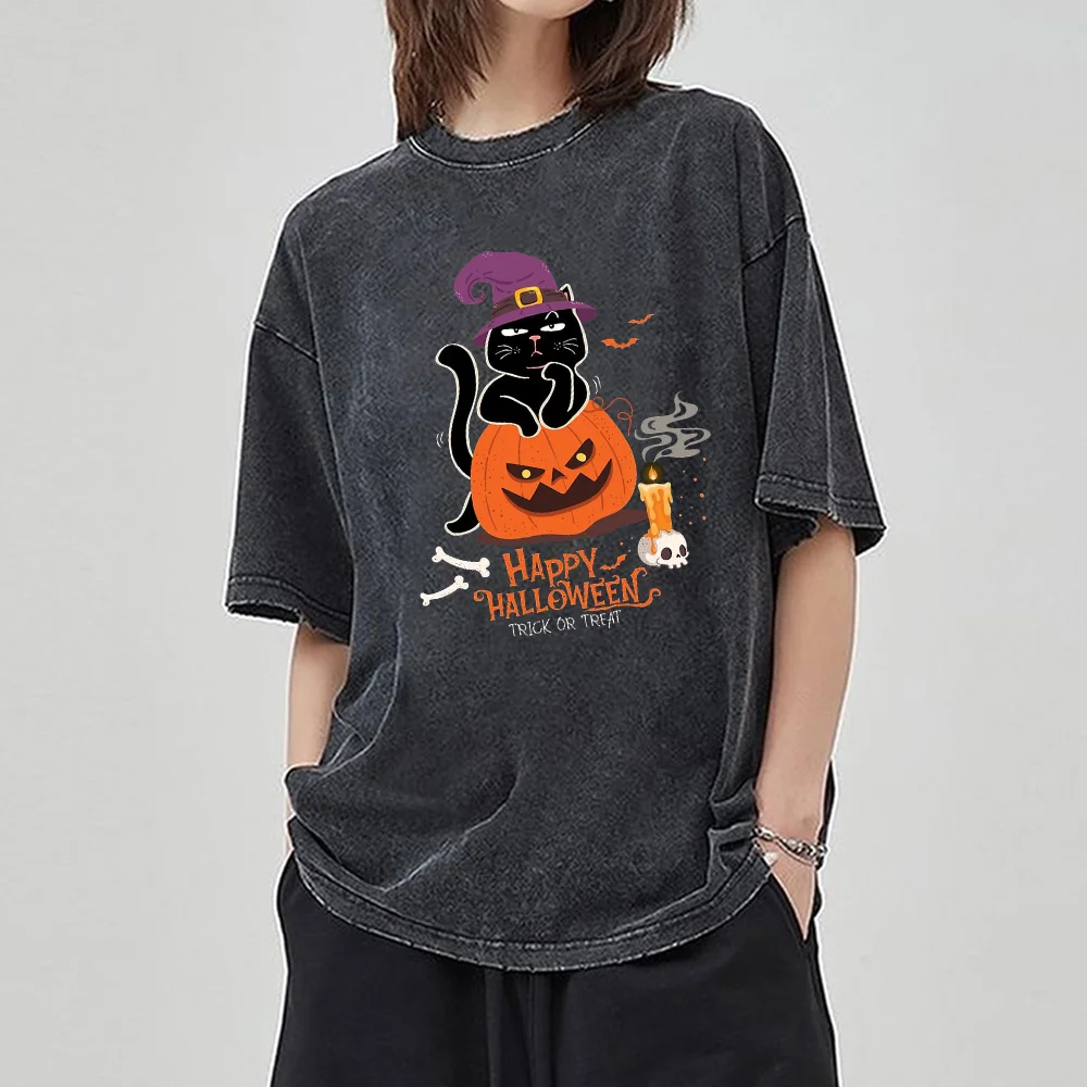 

Halloween Pumpkin Cat Print Women's T-Shirt 2024 New Holiday Hot Sale Oversized Short Sleeve Old Worn Retro Style Top Unisex