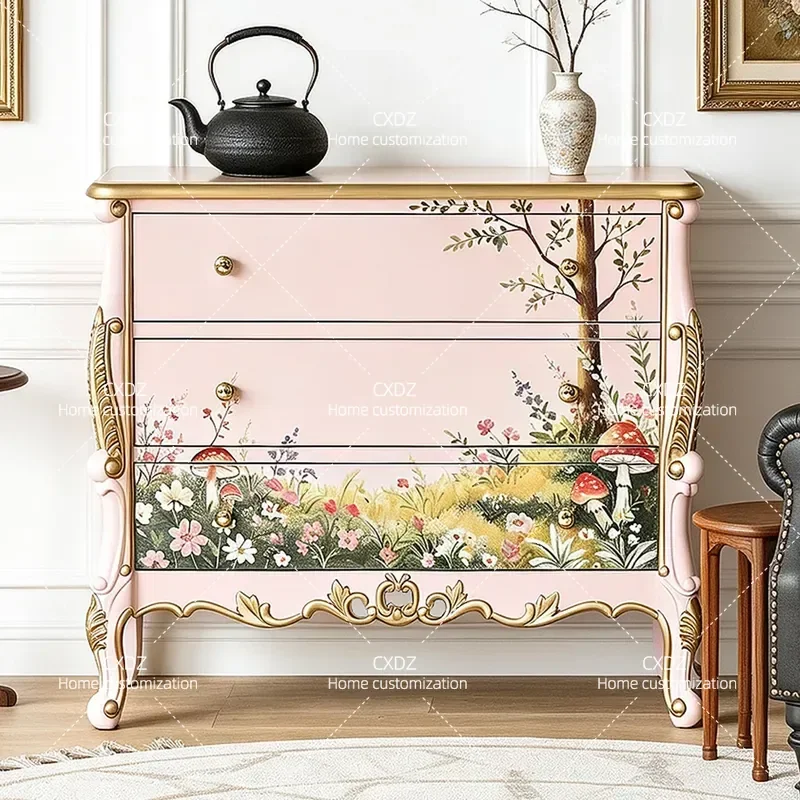 Rural Pink Painted Three Bucket Cabinet Solid Wood Bedroom Locker Storage Porch Cabinet Foyer Entryway Console Table