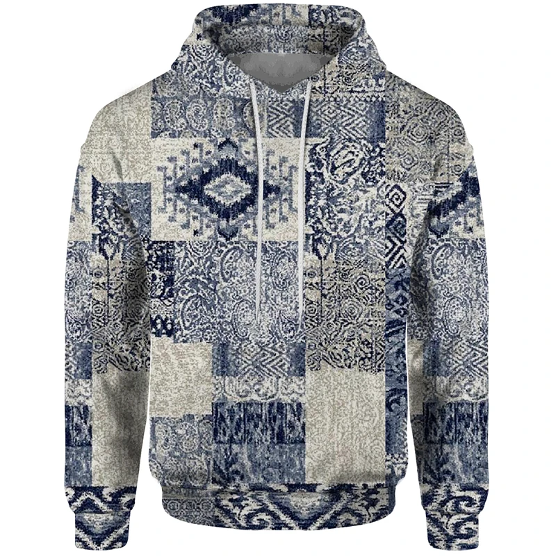 Vintage Spliced Pattern Art Hoodies Men's Clothing Casual Tracksuit Male Hooded Graphic Sweatshirt 2024 Fashion New Hoody