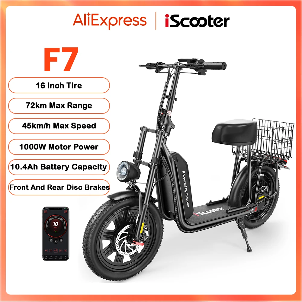 Trottinette électrique iScooter F7 48V 1000W, 45 km/h, autonomie maximale de 72 km, contrôle par application, pneus tout-terrain de 16 pouces, panier arrière pliable