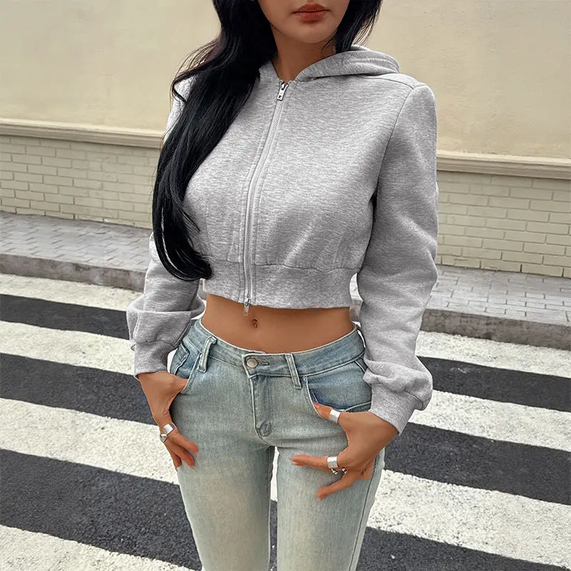 

Autumn 2025 Gray Hooded Sweater Coat Spice Girl Short Waist Casual Coat