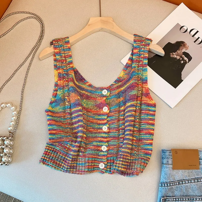 2024 nuova primavera estate abbigliamento donna Crop Tie Dye Top bottone anteriore lavorato a maglia senza maniche canotta vacanza Versatile