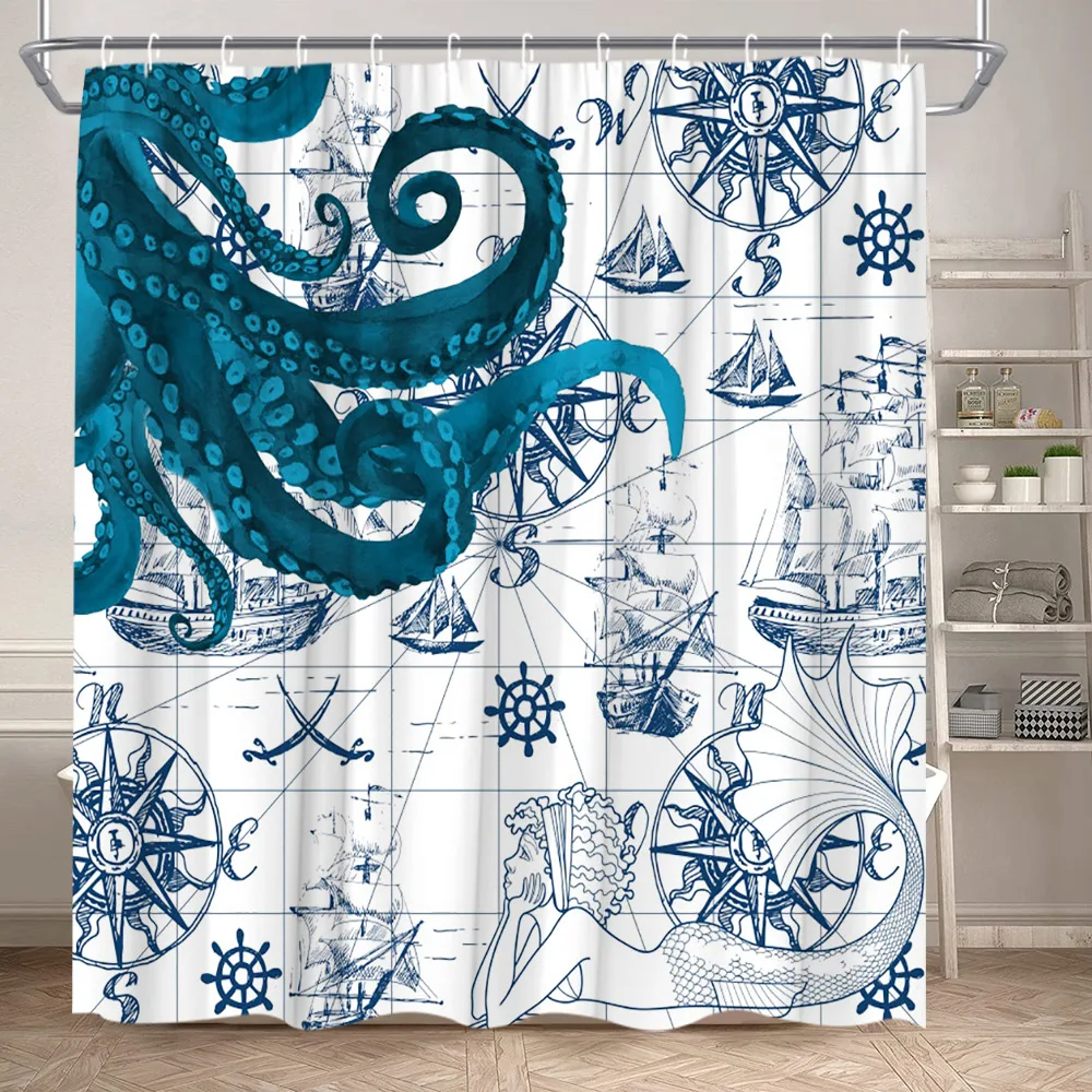 Nautical Shower Curtain, Ocean Octopus Vintage Map Sailboat Mermaid Compass Mediterranean Polyester Fabric Bathroom Decor Set