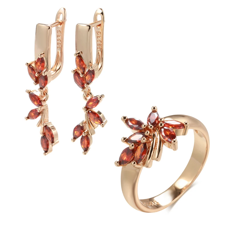 

Wbmqda New Red Natural Zircon Drop Earrings Ring For Women 585 Rose Gold Color High Quality Daily Fine Vintage Jewelry Sets