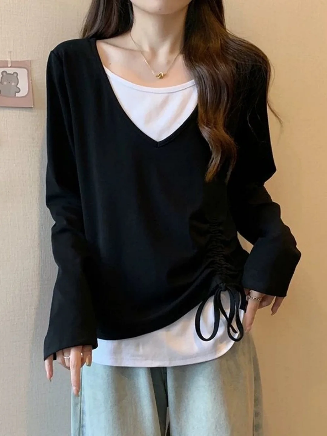 Loose Long Sleeve T-Shirt Women's plus Size Korean Style Patchwork Drawstring Design Casual Casual plus Size Top for Girls