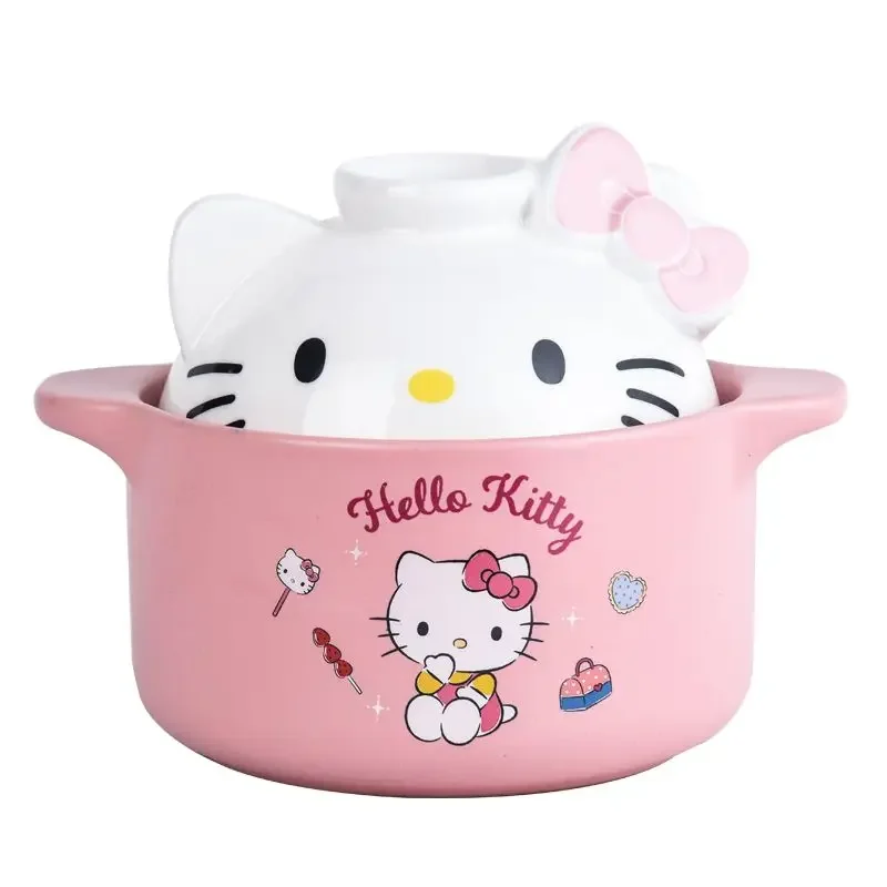 MINISO Hello Kitty olla de cerámica cazuela kawaii con tapa buen aspecto figura de Anime puede abrir fuego estudiante regalo de novia de dibujos animados