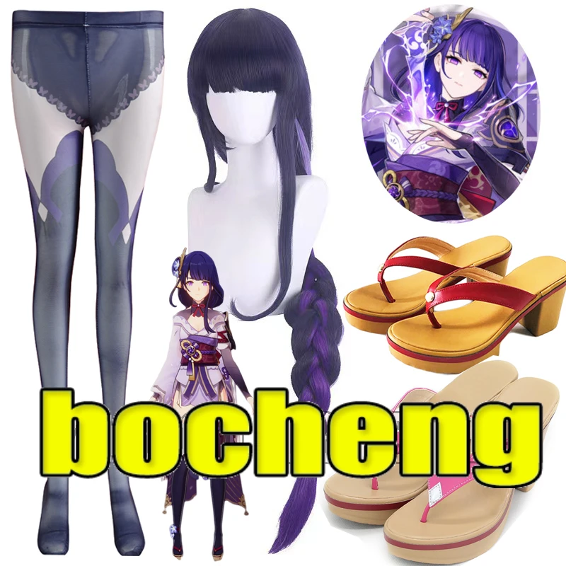 Raiden Shogun Ei Cosplay Stocking Game Genshin Impact Beelzebul Shoes Cosplay Long Wigs Headwear Heat Resistant Synthetic Hair