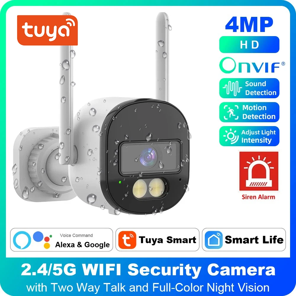 Tuya 4mp Outdoor Bullet Kamera 2,4 GHz WiFi wasserdicht Onvif Zwei-Wege-Talk Motion Detect Sirene Alarm IP-Kameras mit Alexa Google