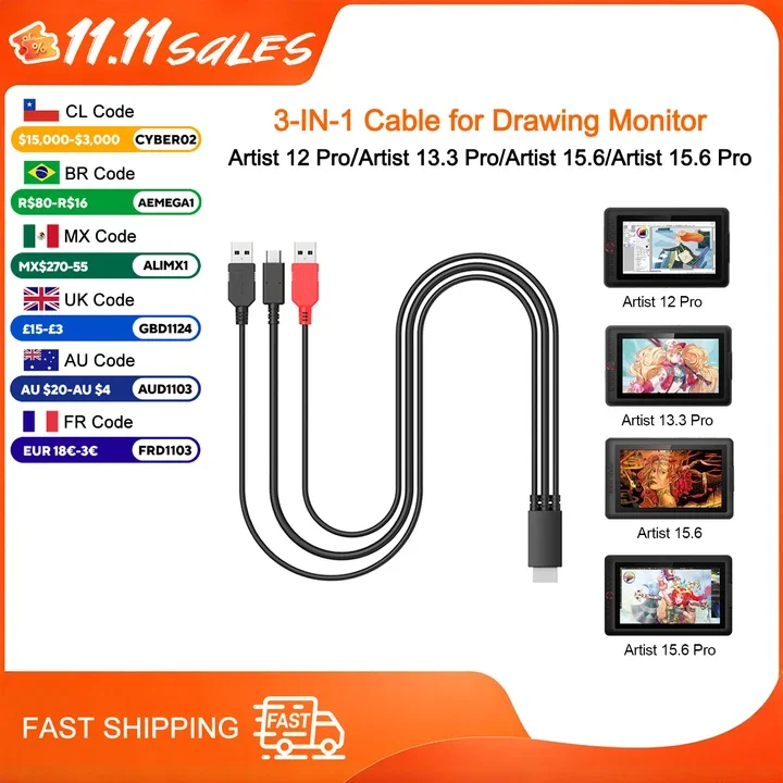 Original 3 in 1 Cable Only for XP Pen Artist10Sv2,Artist 15.6 pro Cable, Artist 13.3Pro, Artist 15.6,Artist 12Pro Drawing Tablet