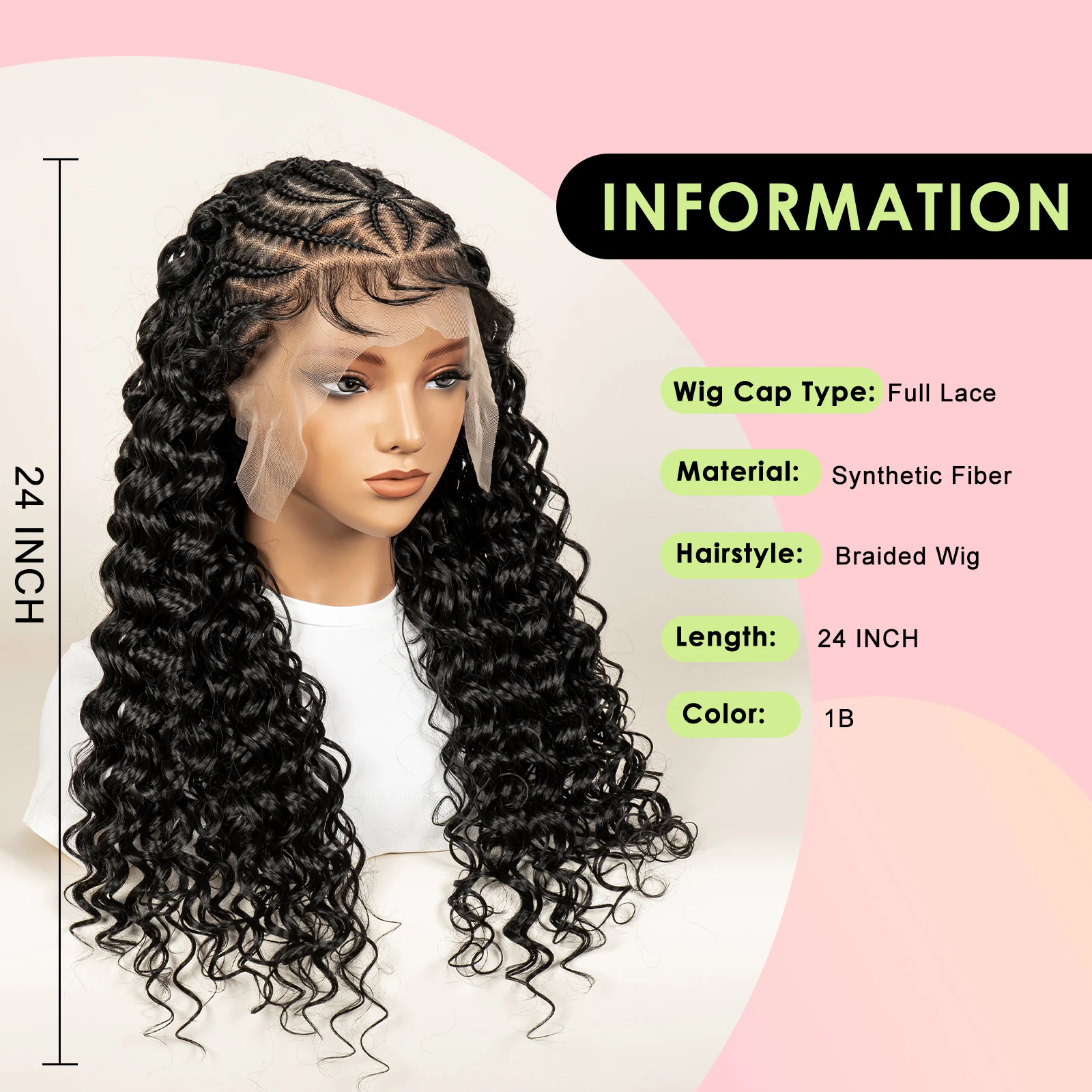Wig Rambut Kepang Deep Wave Full Lace dengan Baby Hair untuk Wanita, Wig Rambut Sintetis Half Cornrow, Wig Kepang Pre-Styled