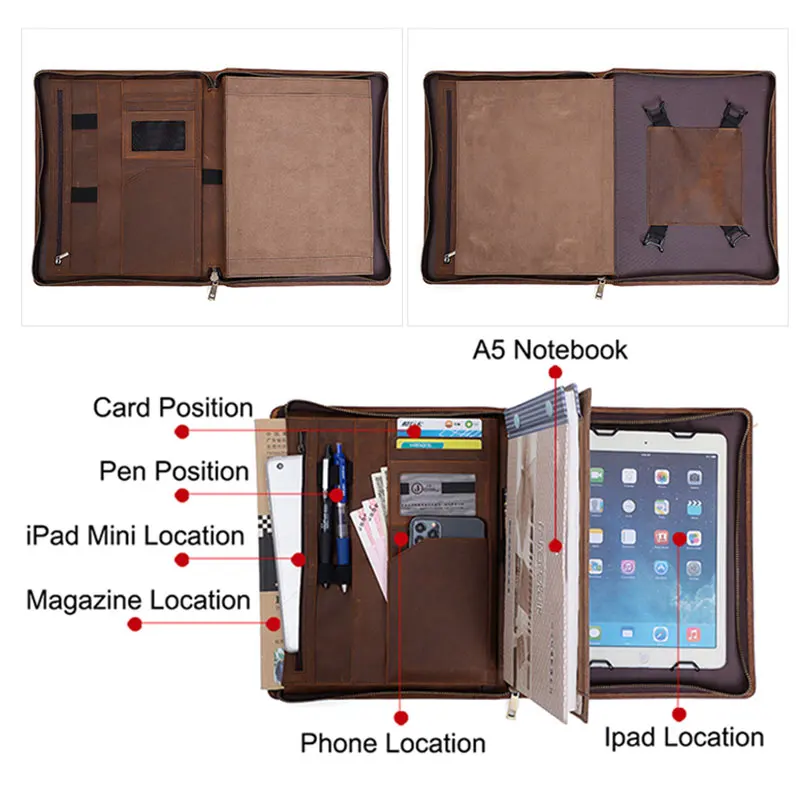 Padfolio with Zipper Genuine Leather Briefcase Portfolio Folder for Ipad Business Card Notebook Organizer File Package