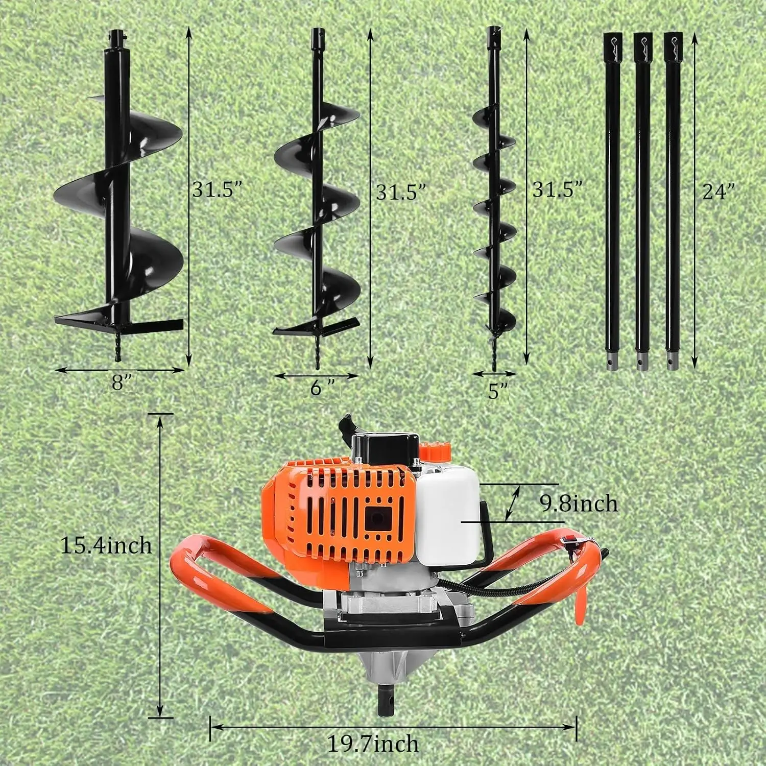 62Cc Auger Post Hole Digger, 2 Stroke Post Hole Digger Gas Powered Earth Auger With 3 Auger Drill Bits 5