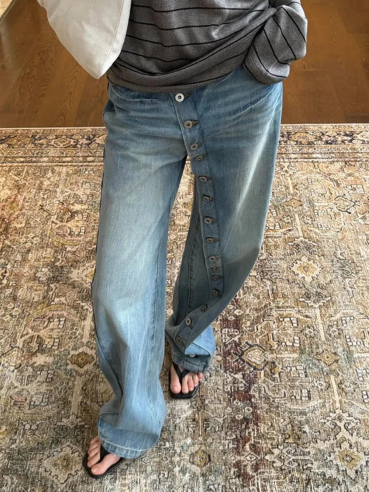 

Retro American Street Design Button Denim Jeans Men's Women's Distressed Washed Side Buttoning Loose Floor-Length Pants