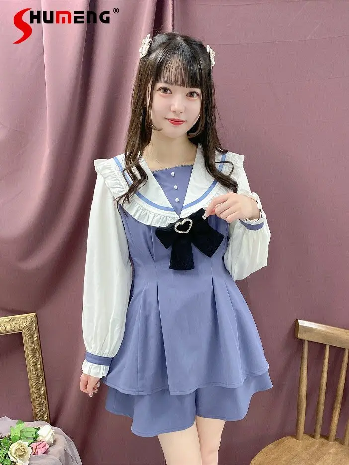 Japanese Lolita Students Shorts Suit Slim Waist Embroidery Bow Tops and Cute High Waist Shorts Set 2 Pieces Women 2023 Spring