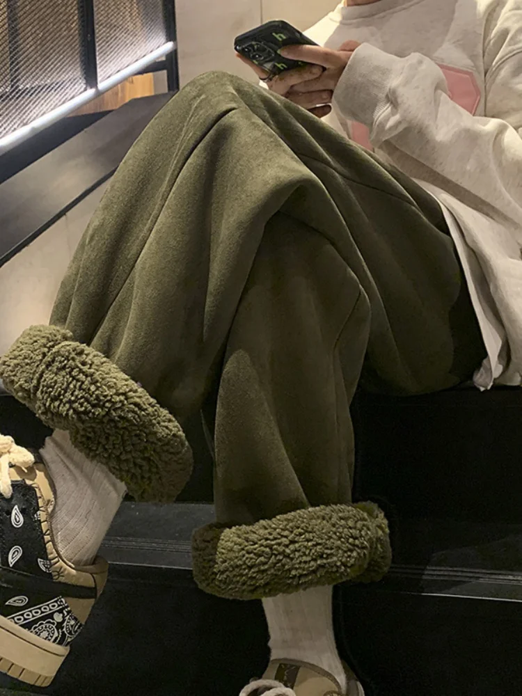 

Мужские утепленные брюки из овечьего вельвета в стиле милитари с манжетами, американские зимние спортивные брюки из овечьего меха, свободного кроя, повседневные брюки