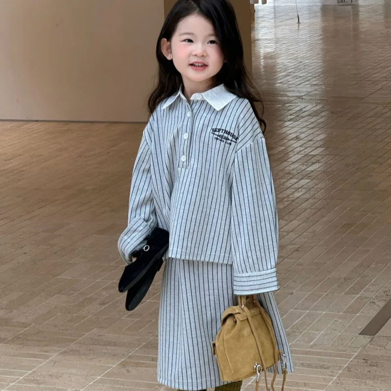 

2025 осенне-зимний хлопковый комплект из 2 предметов для девочек, плиссированная рубашка-юбка в студенческом стиле, наряд для детей 3-10 лет, детское верхнее платье