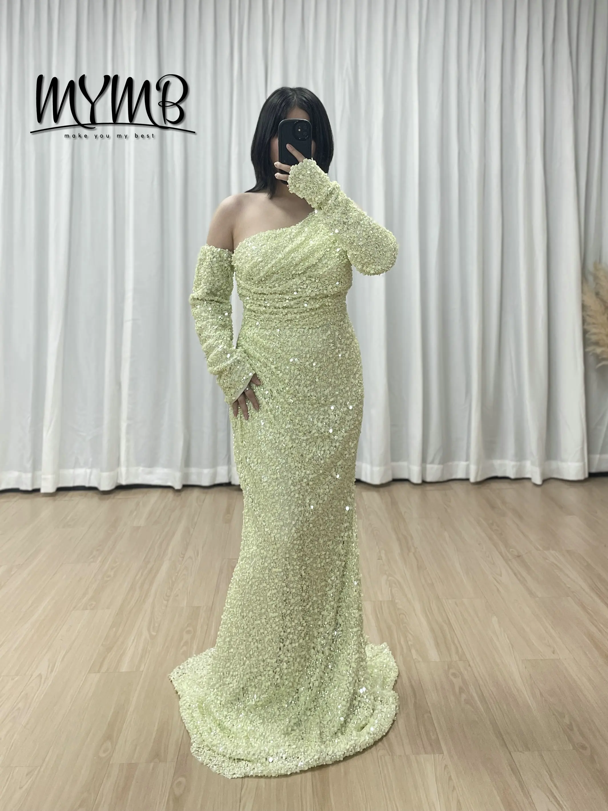 

MYMB Сверкающие вечерние платья русалки с пайетками и лифом на одно плечо с длинными рукавами и рюшами Светло-зеленое блестящее платье для выпускного вечера MY30156