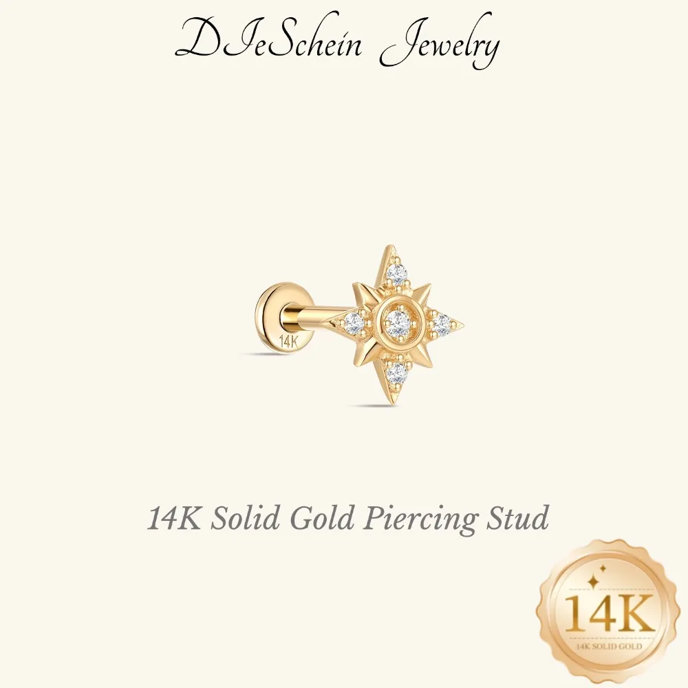 Pendiente de botón de oro macizo de 14 quilates con parte posterior plana para perforaciones en la hélice, el trago y el daith, joyería de piercing de oro resistente al agua, pendiente delicado.