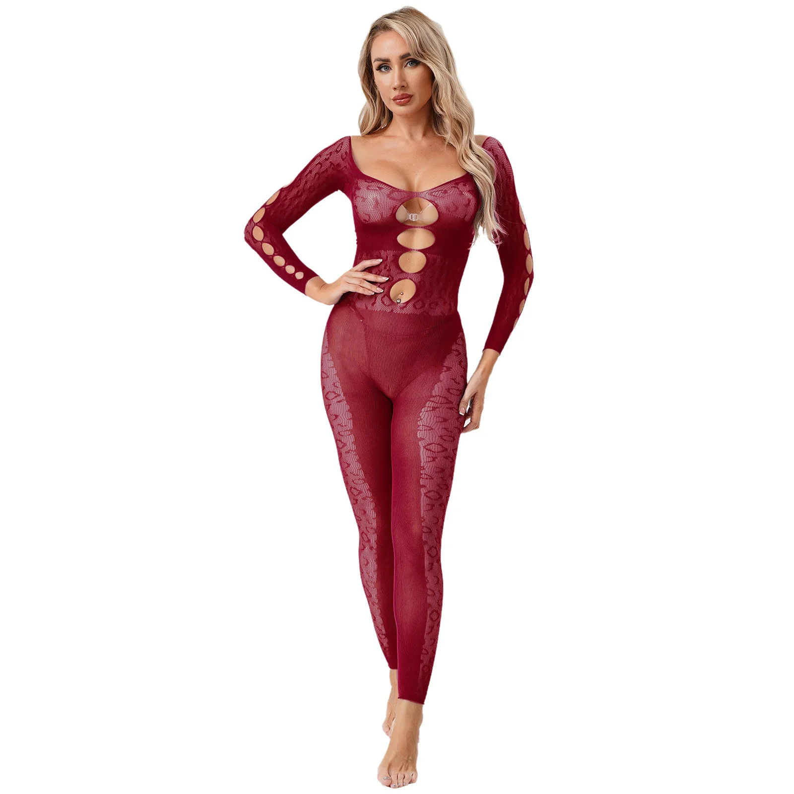 

Women Erotic See Through Fishnet Bodysuit Body-stockings Long Sleeve Hollow Out Stretchy Catsuit for Swimwear Cover Up Nightwear