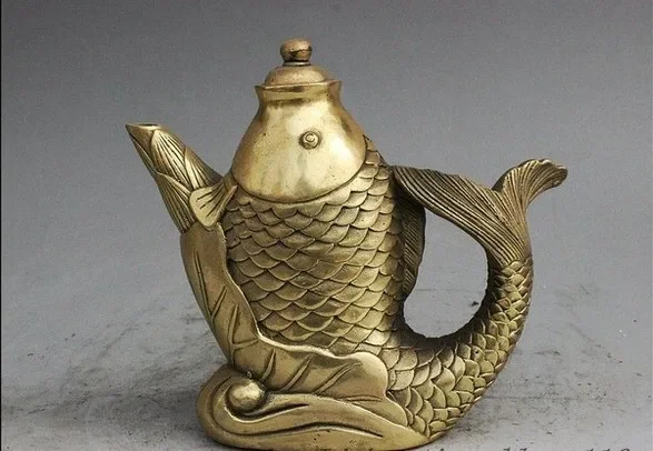 Marked Folk China Dynasty Brass Lotus Fish Form Statue Lucky Wine Tea Pot Flagon