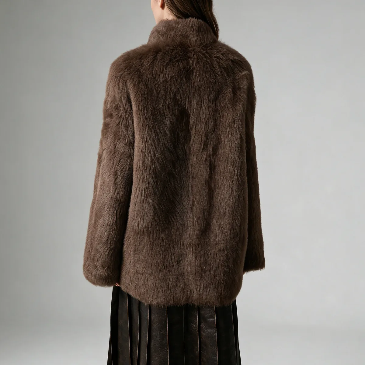 IG Women High Stand Collar Faux Fur Mid-Length Coat, Hidden Placket Side Pockets, Oversized Fluffy Winter Warm Casual Outerwear
