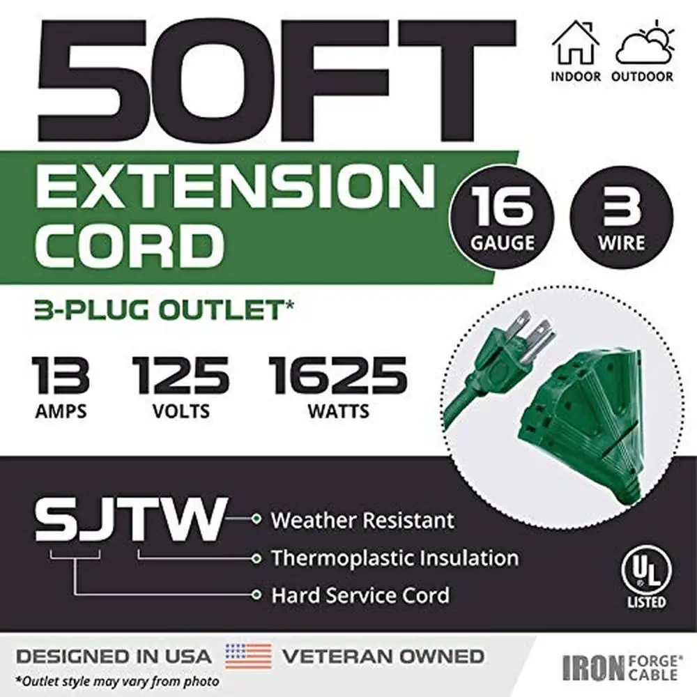 3 Outlet Outdoor Extension Cord 50 ft 2 Pack Heavy Duty Weatherproof Green Power Multiple Tools Simultaneously UL Certified 16/3