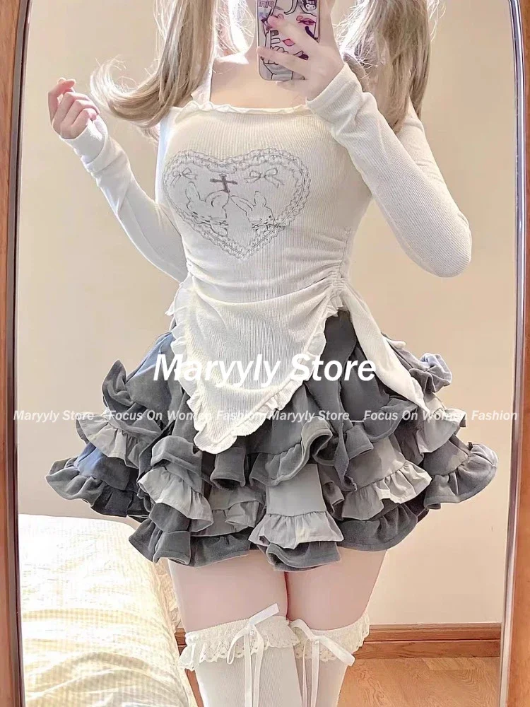 2023 Autumn Knitted Suits Casual Y2k Crop Tops Sweater Tshirts + Mini Cake Skirts Even Party 2 Piece Skirts Set Kawaii Clothing