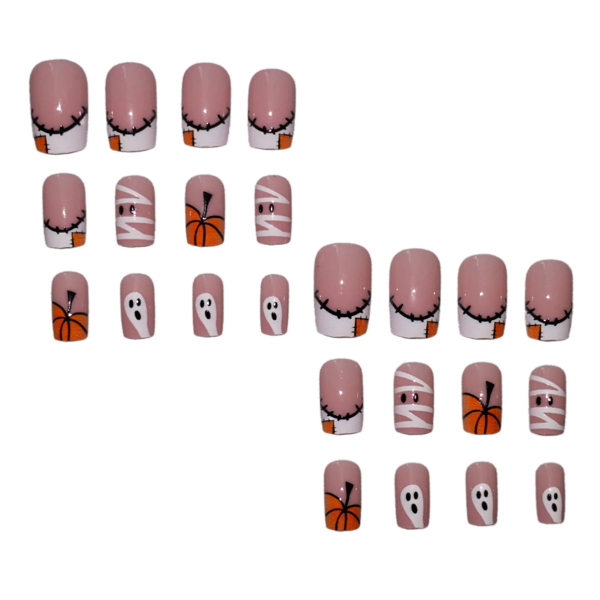 24 pezzi di punte per unghie finte corte di Halloween bordo bianco stampa francese sulle unghie indossabili staccabili zucca fantasma ragnatela unghie finte