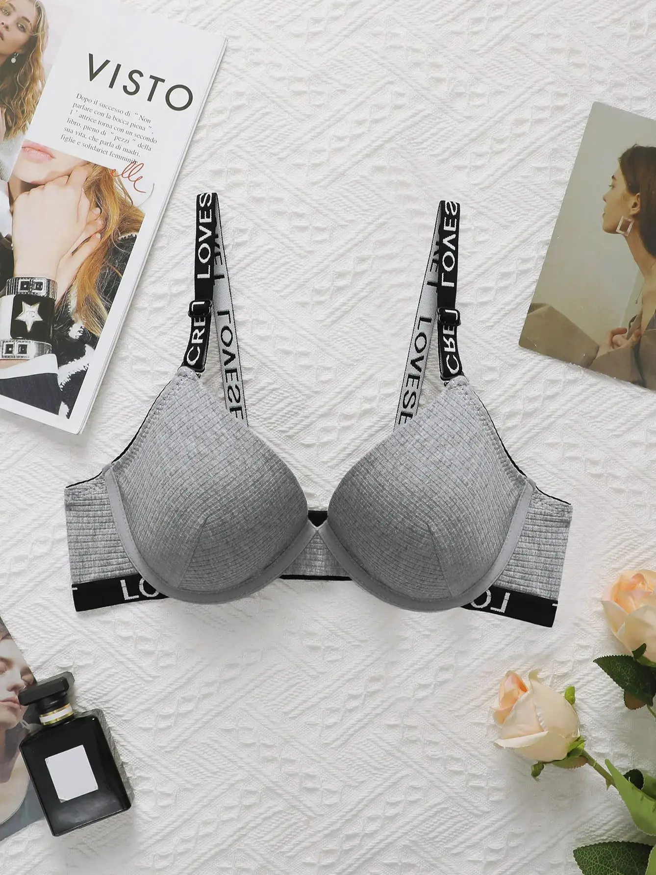 Women's Grey Bra With Letter Band Design 3/4 cup Pull Up Sexy Lingerie Solid Color All Season Brassiere R8809