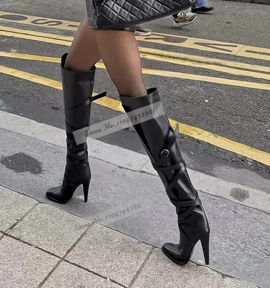 Black Matte Pointed Toe Spike Heel Over The Knee Boots Ruched Soft Leather Cross Strap Slim Long Boots Elegant Nightclub Shoes