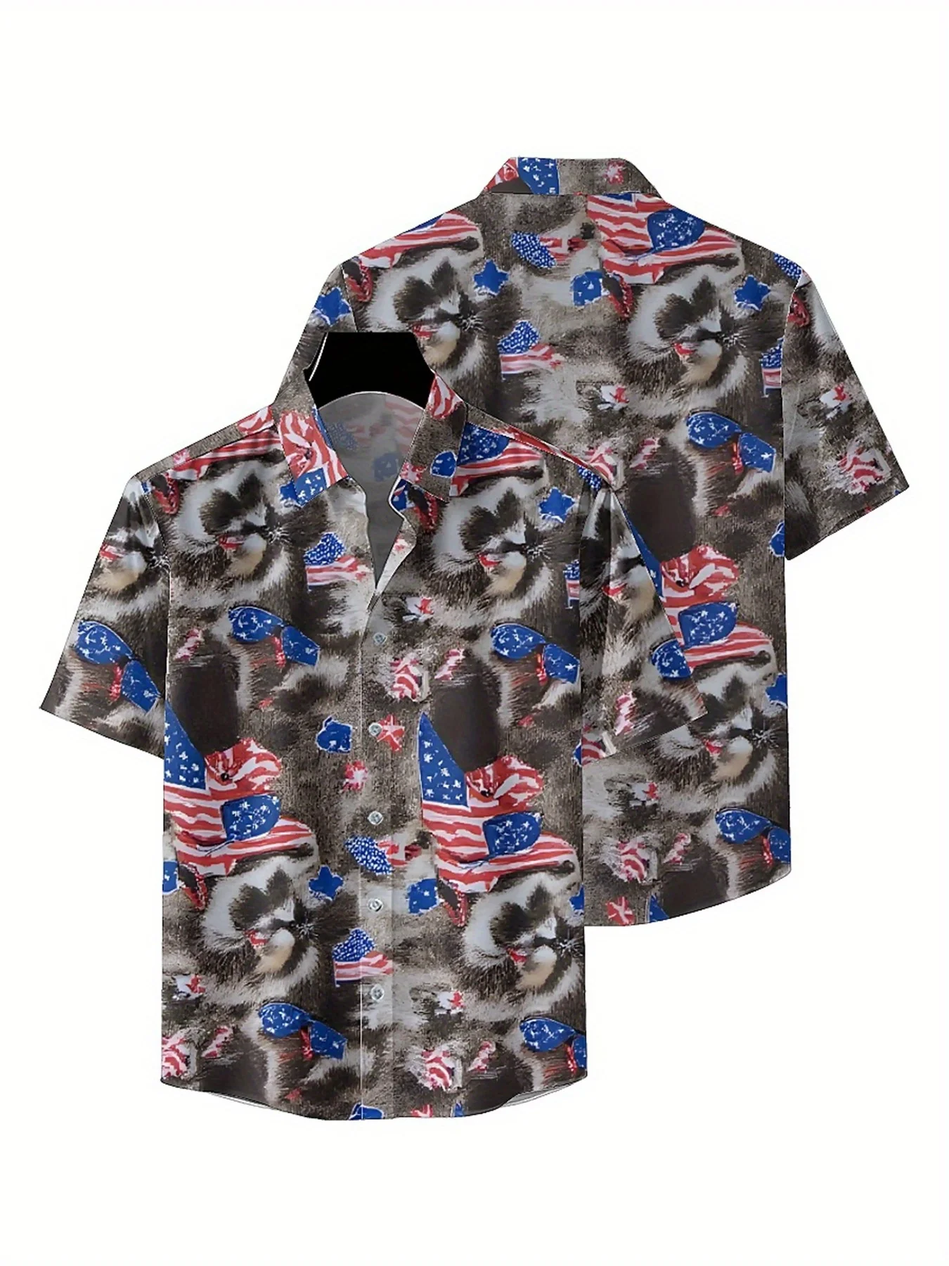 Kemeja Hawaii Ukuran Besar Pria Pola Bendera Amerika dan Rakun, Atasan Kasual Musim Panas, Cocok untuk Pesta Luar Ruangan, Pakaian Jalanan