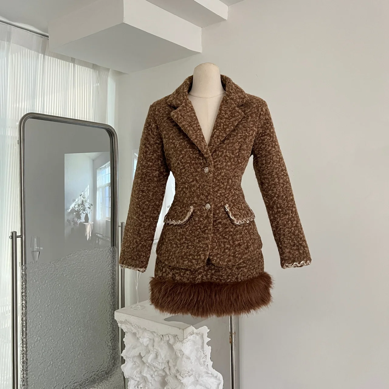 Tweed Jacket Set Two Piece Sets Women Skirt Fall 2023 Womens Fashion camel Single Breasted Jacket High-Waisted Skirt Suit cloth