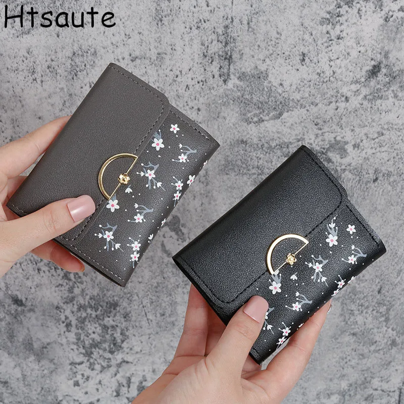 Women Wallet Flower Printed Design Zipper Coin Purse Decoration Money Bag Simple Card Holder Contrast Color PU Leather