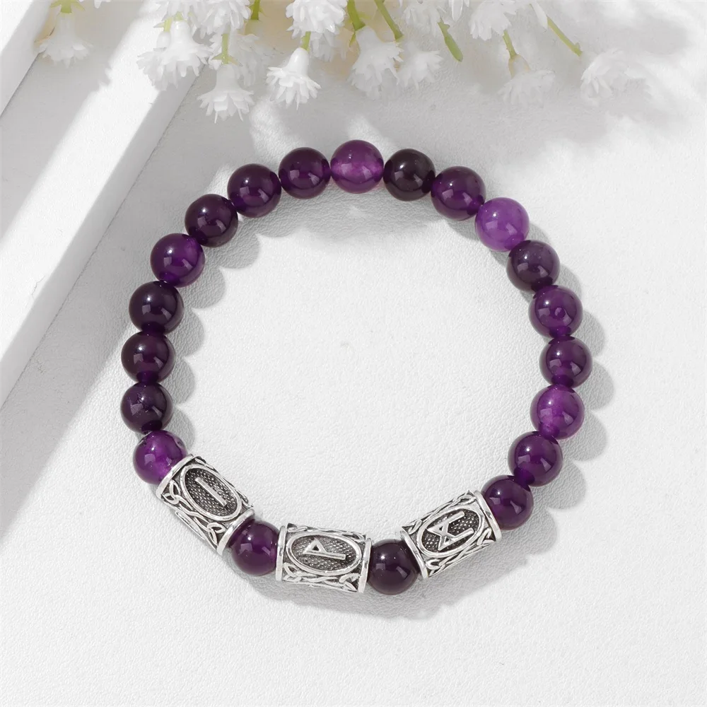 8mm Natural Stone Beaded Nracelet Vintage Viking Rune Bracelets Healing Reiki Energy Bracelet Men Women Elastic Bangle Jewelry